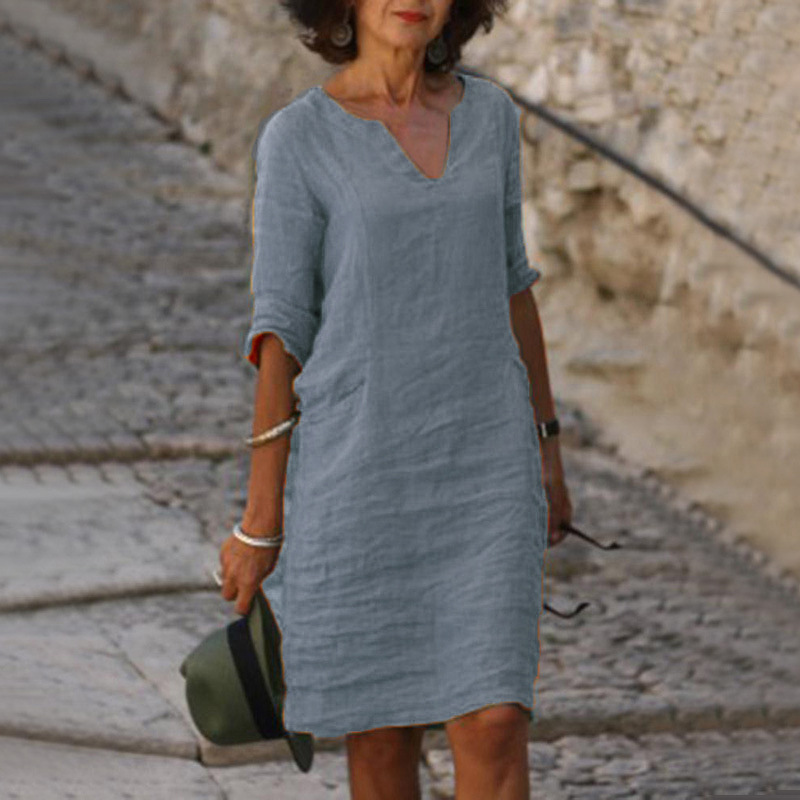 Picture of Amazon European and American autumn cotton and linen small V-neck stitching retro solid color 3/4 sleeve dress women's linen cotton fabric