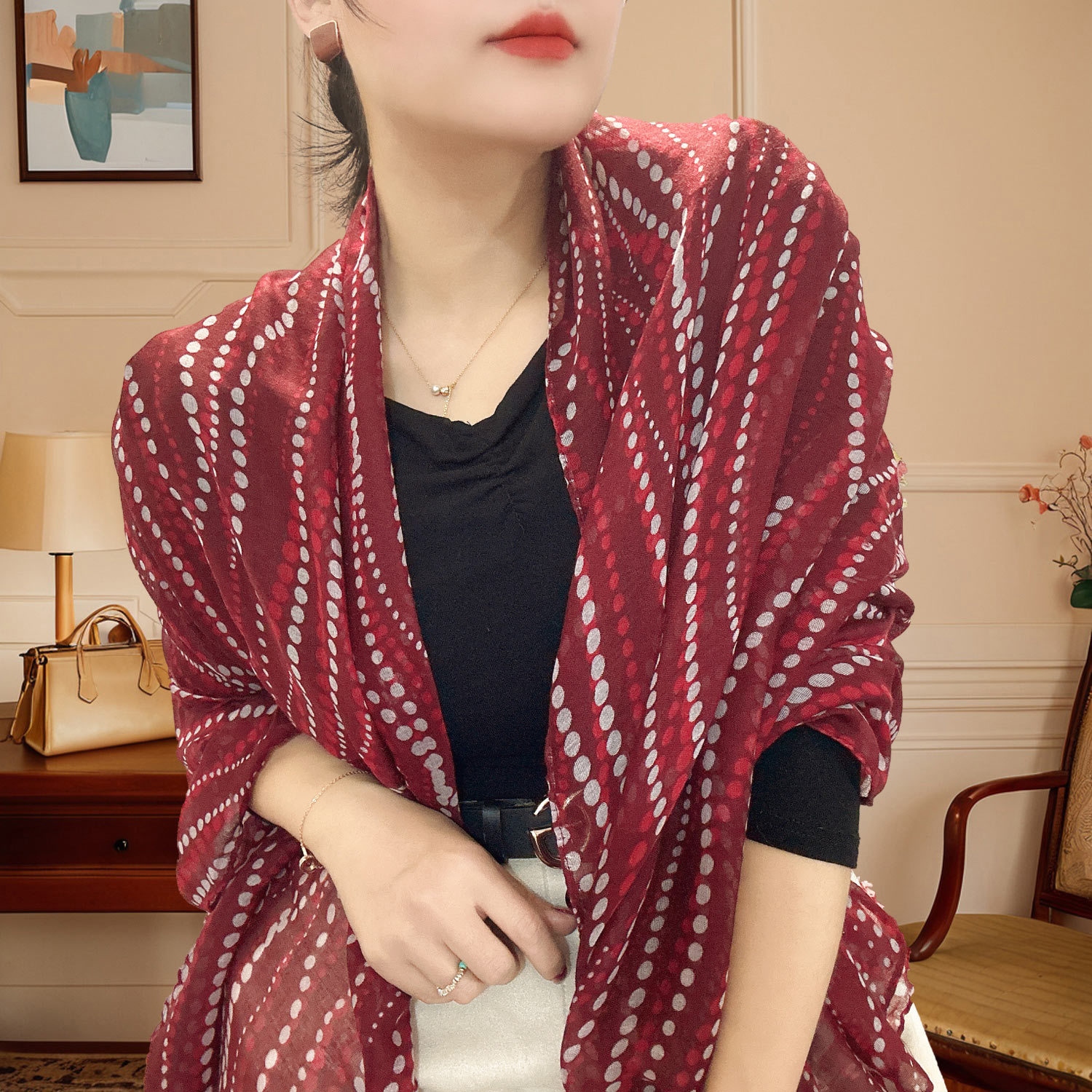 Picture of Simple Temperament Geometric Dot Cotton and Linen Texturous Large Size Spring and Summer Scarf Scarf Women's Autumn and Winter Neck Protection Shawl Scarf