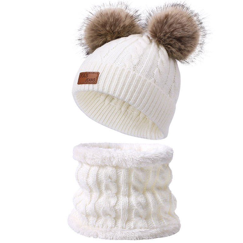 Picture of Winter Children's Neck Hat Two-Piece Pompom Baby Baby Knitted Hat Warm Wool Fleece-Lined Thickened Neck Set