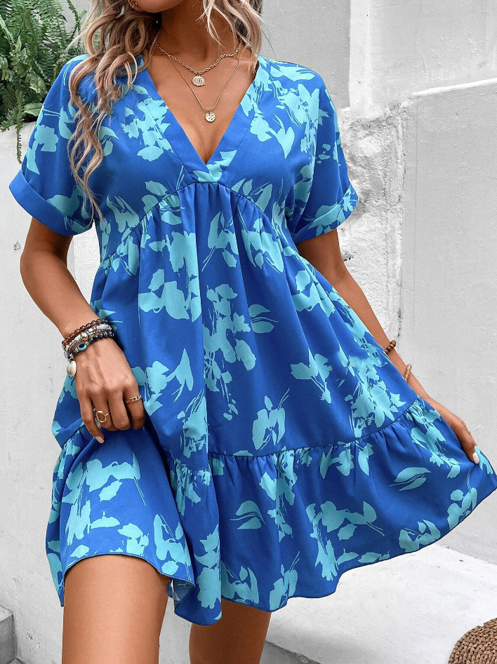 Amazon European and American Summer New Vacation Casual V-Neck Printed dress