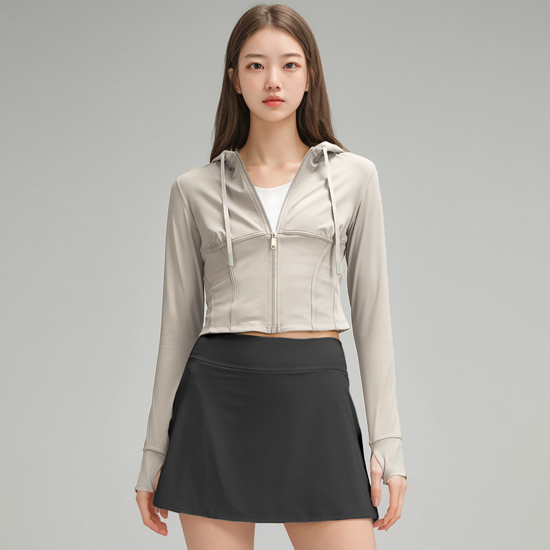Autumn and Winter New Fishbone Tangent Slimming Waist Fashion Zipper Hooded Short Sports Yoga Short Coat for Women