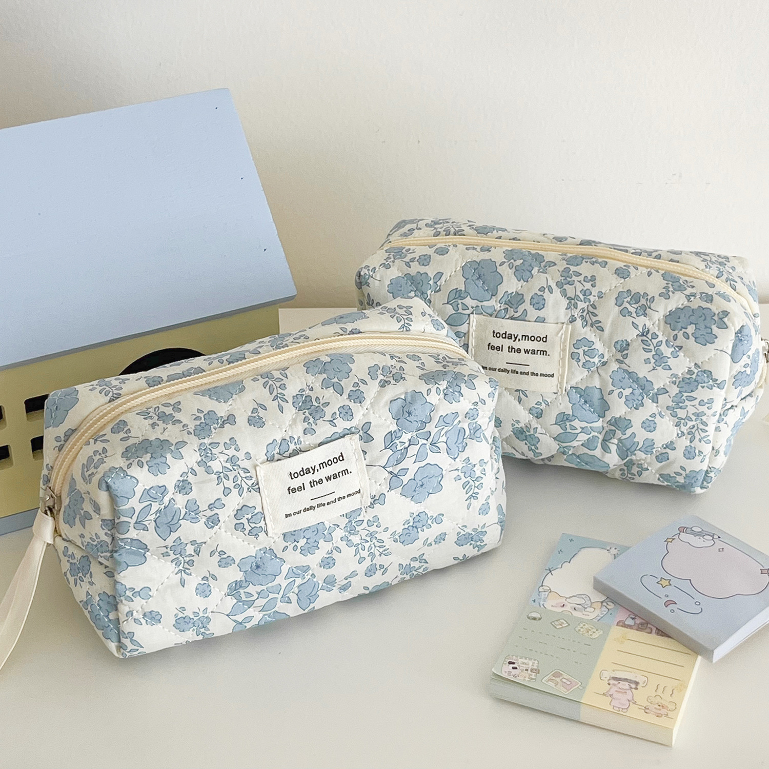 Picture of Blue Begonia Flower Cosmetic Bag Retro Student High-value Wash Bag Outgoing Portable Travel Storage Bag Octagon Bag