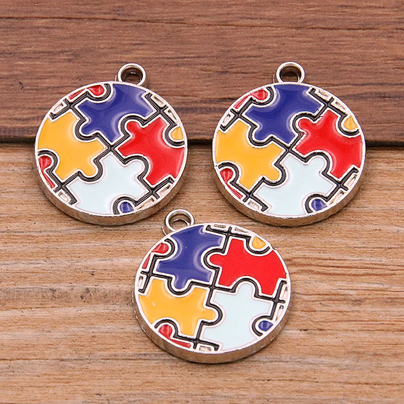 Picture of 8 Styles, 2 Colors DIY Alloy Jewelry Contrasting Color Puzzle Autism Pendant Round Heart Puzzle Asymmetrical Pendant