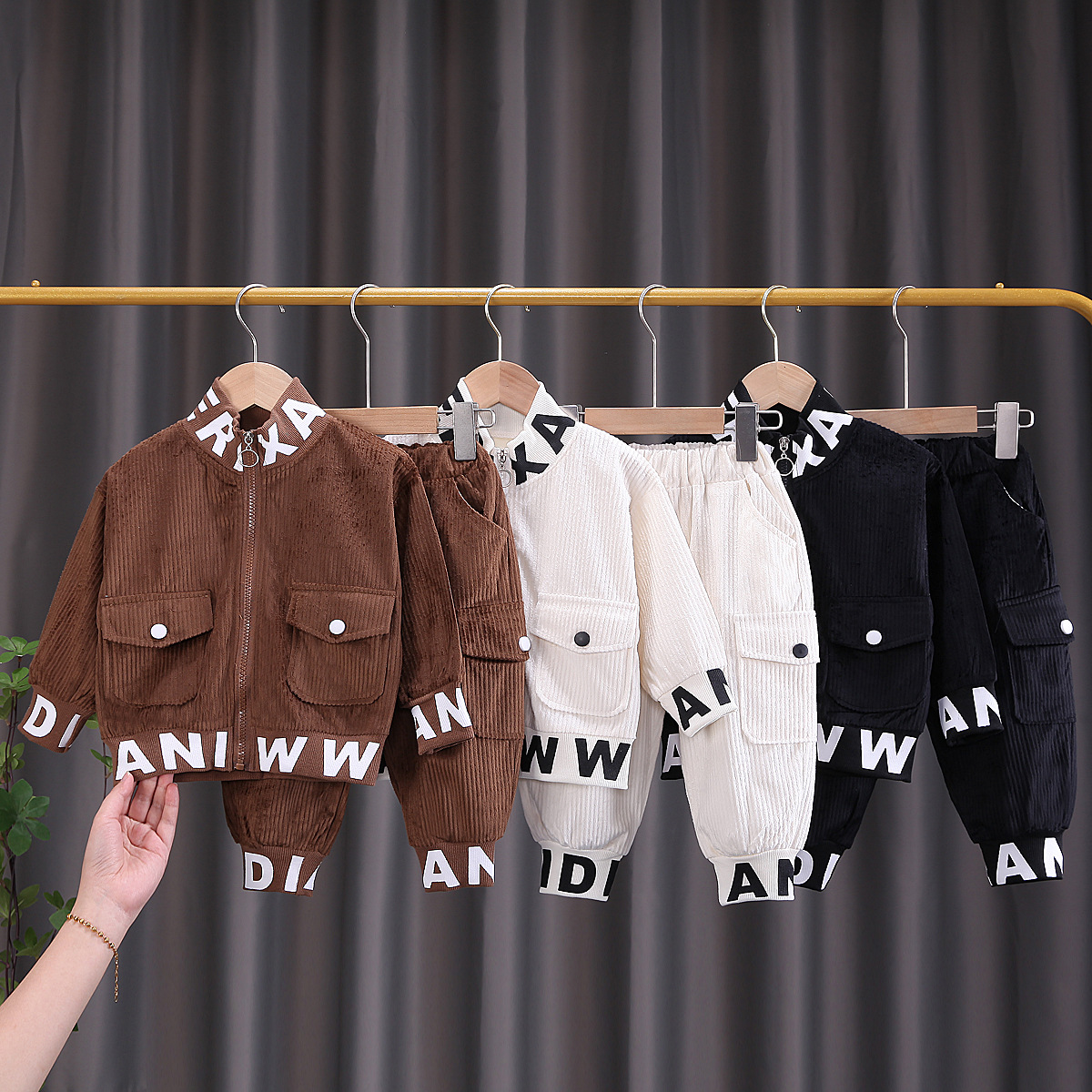 Picture of Children's Clothing Handsome Boys Spring New Corduroy Zipper Long-Sleeved Casual Sports Two-Piece Spring and Autumn Suit Wholesale
