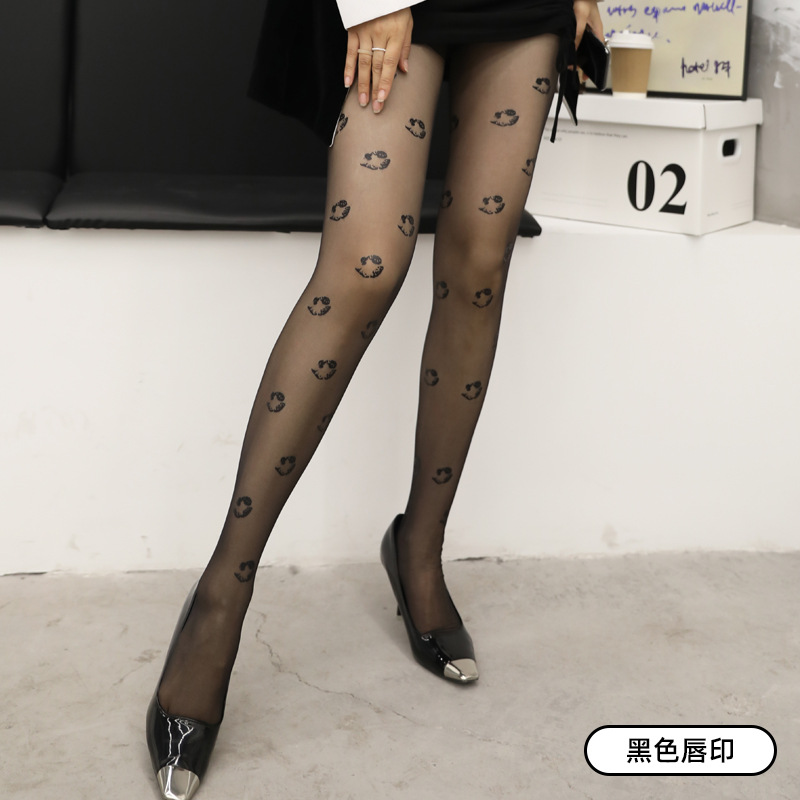 Picture of 2022 Hot Anti-stripping Silk Screen Printed Black Silk Stockings with Flowers and Letters Polarized Dot Loving Heart Naked Skin-transparent Thin Invisible Pantyhose