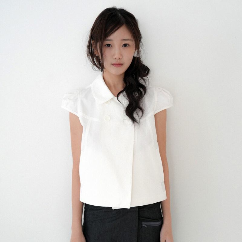 Korean Chic Summer Retro Japanese Style Style Puff Sleeve Double-Breasted Doll Small Lapel Short-Sleeved Shirt Top for Women