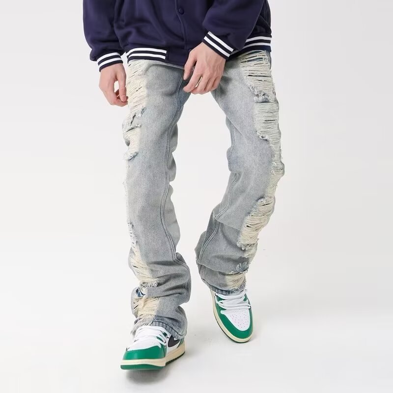 Guochao Original Niche Design Sense Heavy Industry Wire Drawing Jeans High Street Hip Hop Street Micro-La Trousers Autumn Micro-elastic