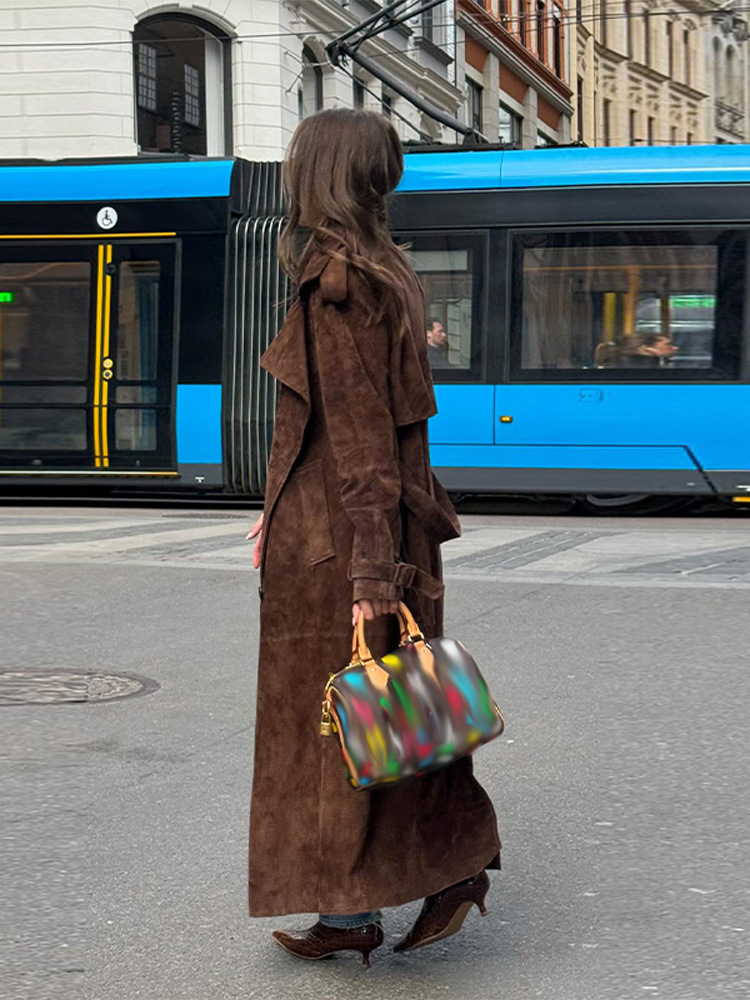Picture of 2025 Amazon Cross-Border Autumn and Winter New Dark Brown Suede Lace-Up Coat Trench Coat Women's Slimming Jacket