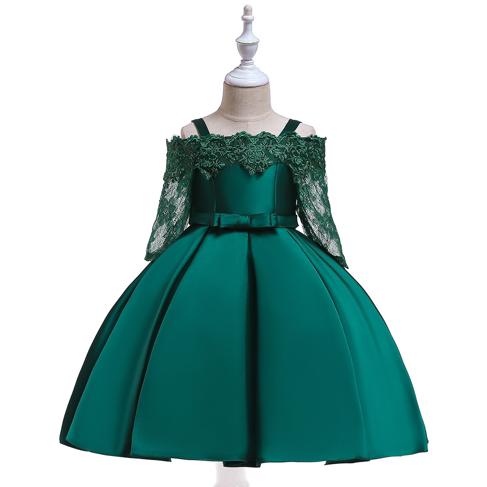 Picture of 2024 cross-border new girls' dress off-shoulder lace hollow-out long sleeve princess dress kids dress