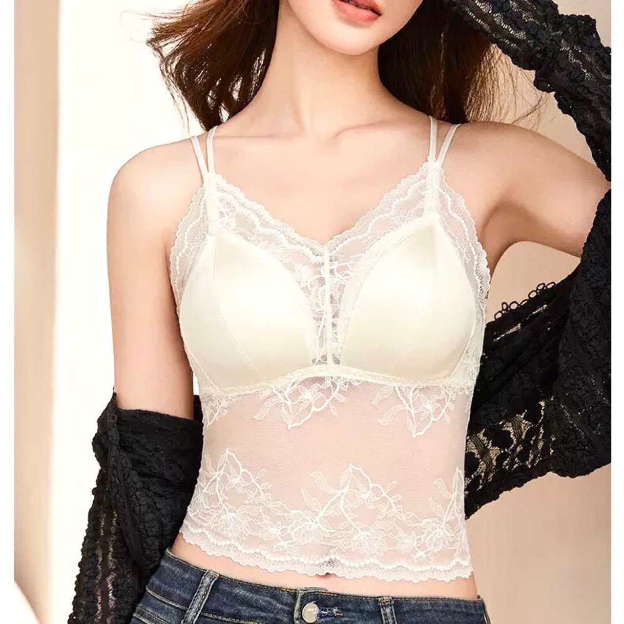 Live broadcast with French sexy cross underwear women's fixed one-piece cup lace stitching satin inside and outside strap