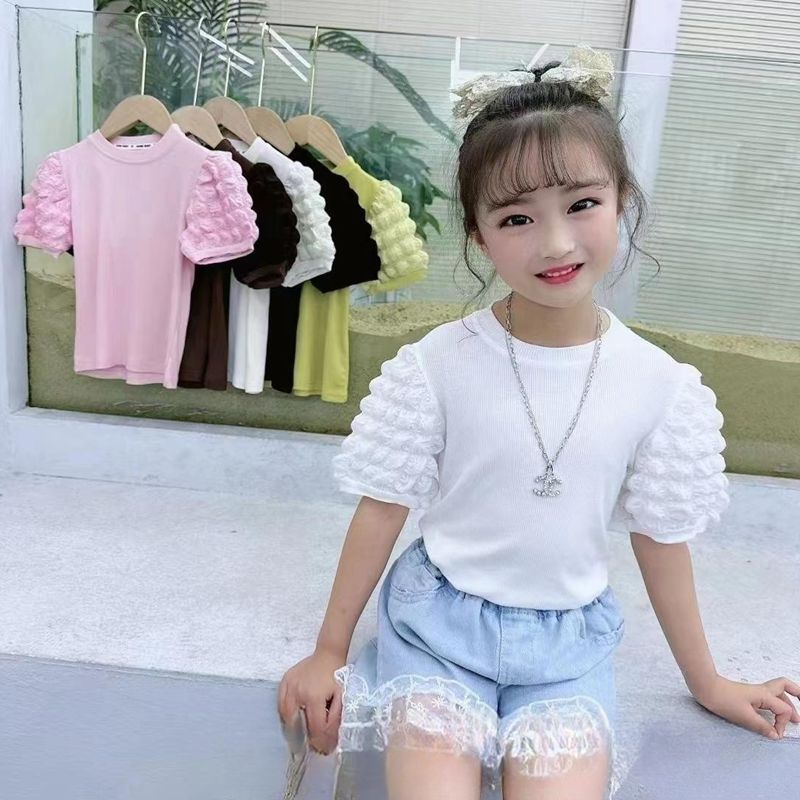 Children's Summer Short-Sleeve Solid Color Korean Style Cotton Tops for Girls in Black and White for Toddlers and Young Girls
