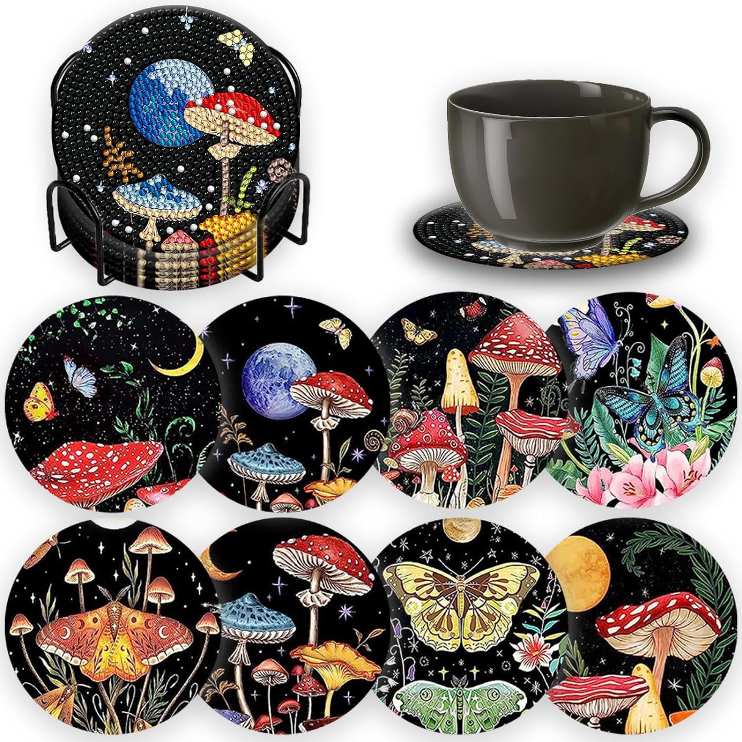 8 pieces mushroom diamond art painting coaster kit with stand mushroom diamond art coaster non-slip coaster