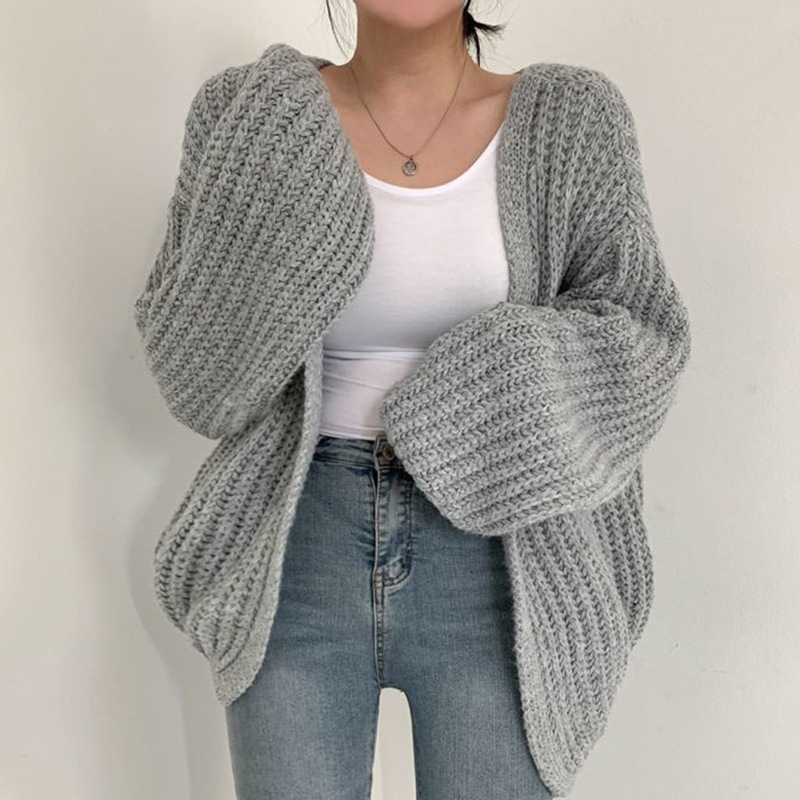 Korean chic Autumn Lazy V-neck Loose Casual Solid Color Lantern Sleeve Knitted Cardigan Sweater Women's Coat