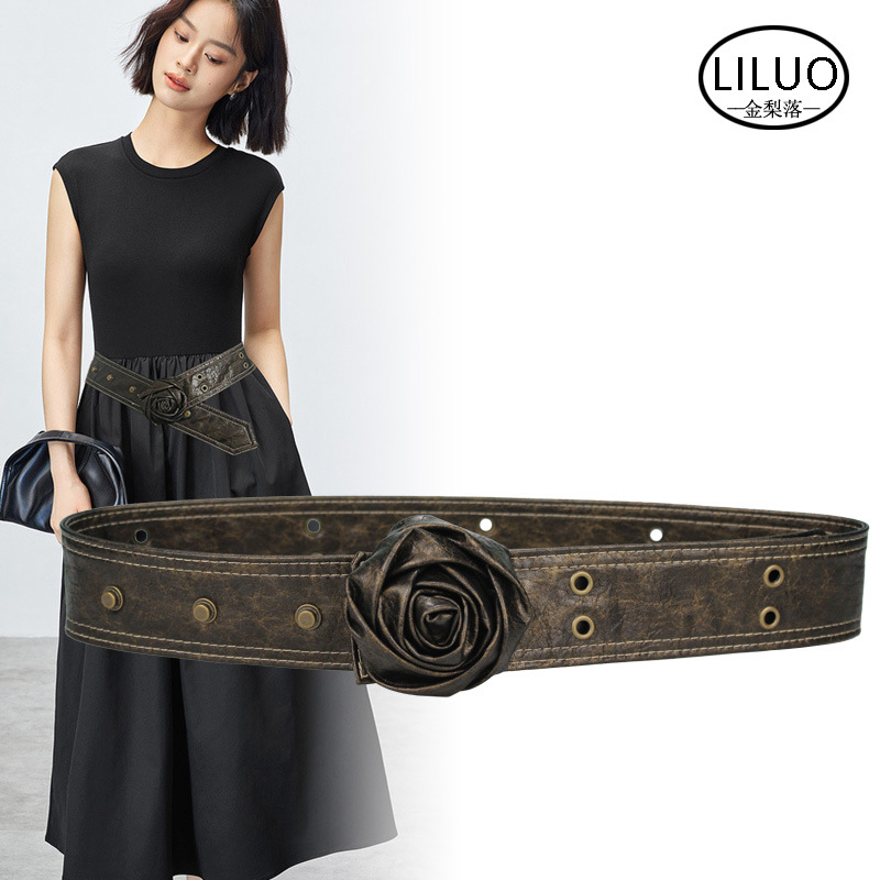 Vintage black brown flower belt women's 2024 new fashion matching dress design sense niche waist belt