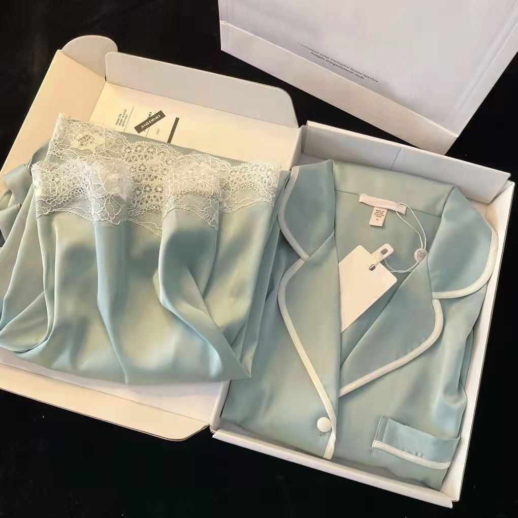 2024 New Ice Silk pajamas for women Spring and Autumn trendy long sleeve thin artificial silk home wear suit can be worn outside