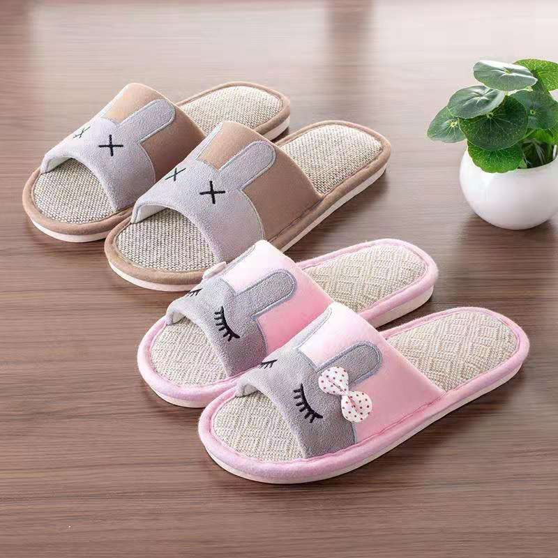 Four Seasons Linen Slippers for Women Spring and Autumn Home Indoor Soft Bottom Cartoon Non-Slip Wear-Resistant Couple Cotton and Linen Floor Slippers for Women