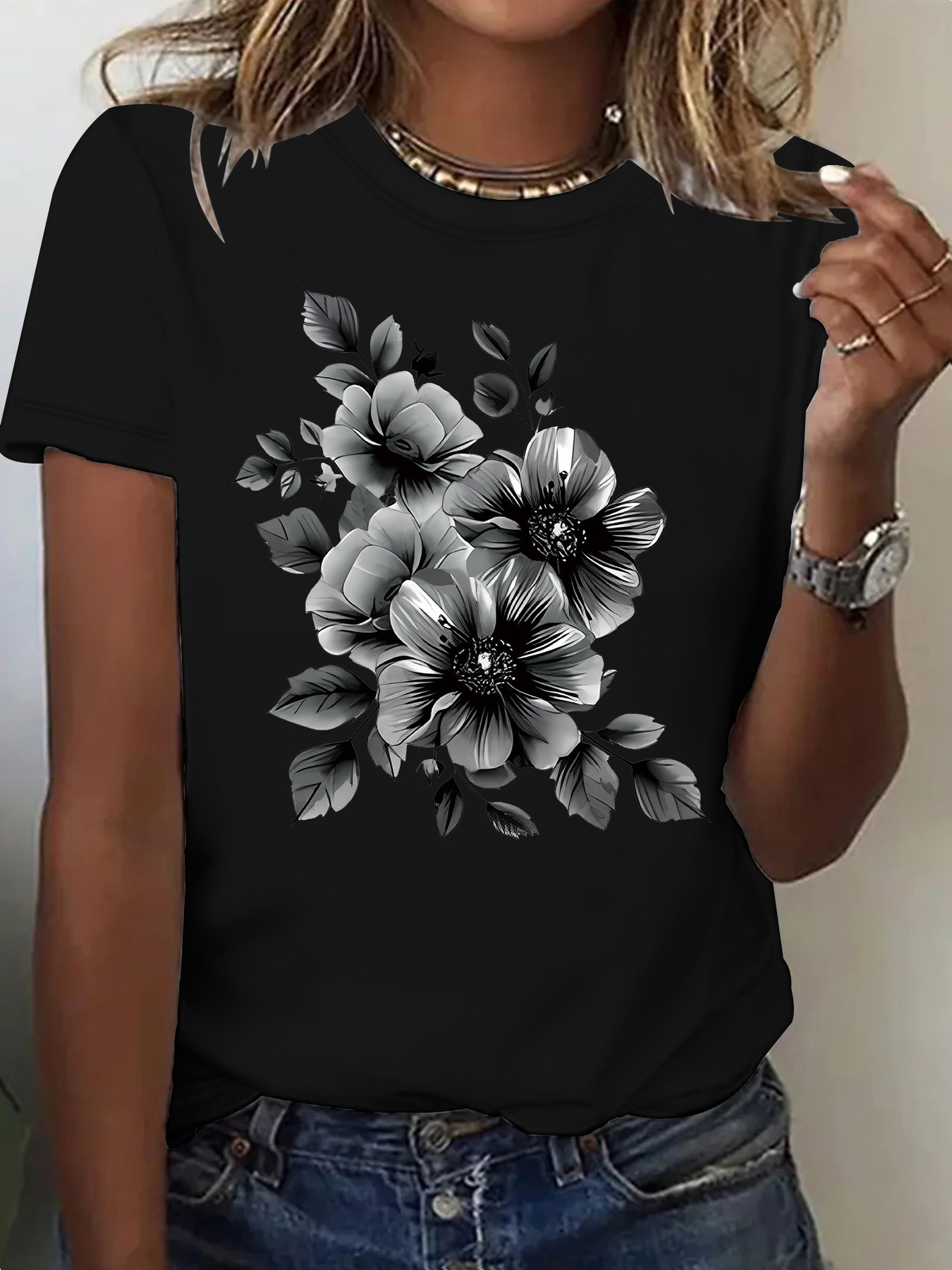 Cross-Border European and American Short-Sleeved Women's T-Shirt Floral Fashion Loose Casual Short-Sleeved Round Neck T-Shirt Women's Cross-Border E-Commerce