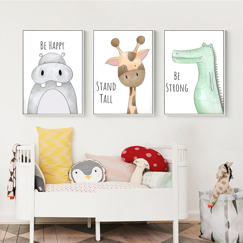 Cross-border Hot-selling Modern Simple Cartoon Animal Little Lion Hippo Crocodile Deer Girl Children's Room Bedroom Decorative Painting