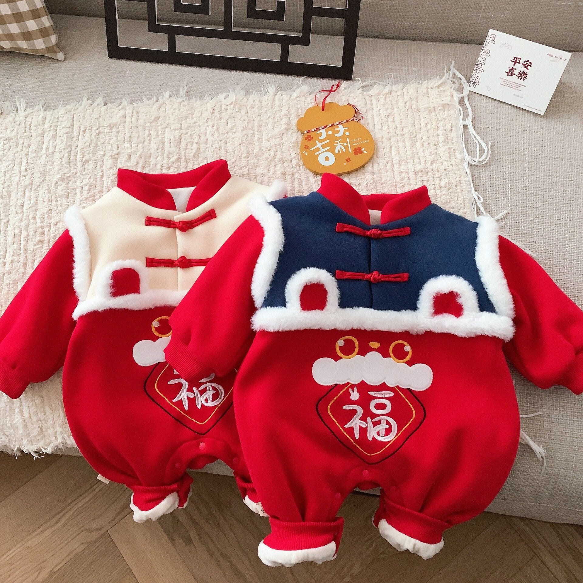 Picture of Baby New Year greeting clothes winter festive fleece-lined thickened jumpsuit men's and women's baby rabbit year warm romper outing clothes