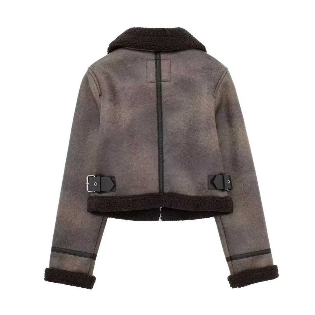 Picture of Winter New European and American Style Old-fashioned Loose Short Washed Lapel Fur One-piece Zipper Motorcycle Jacket for Women