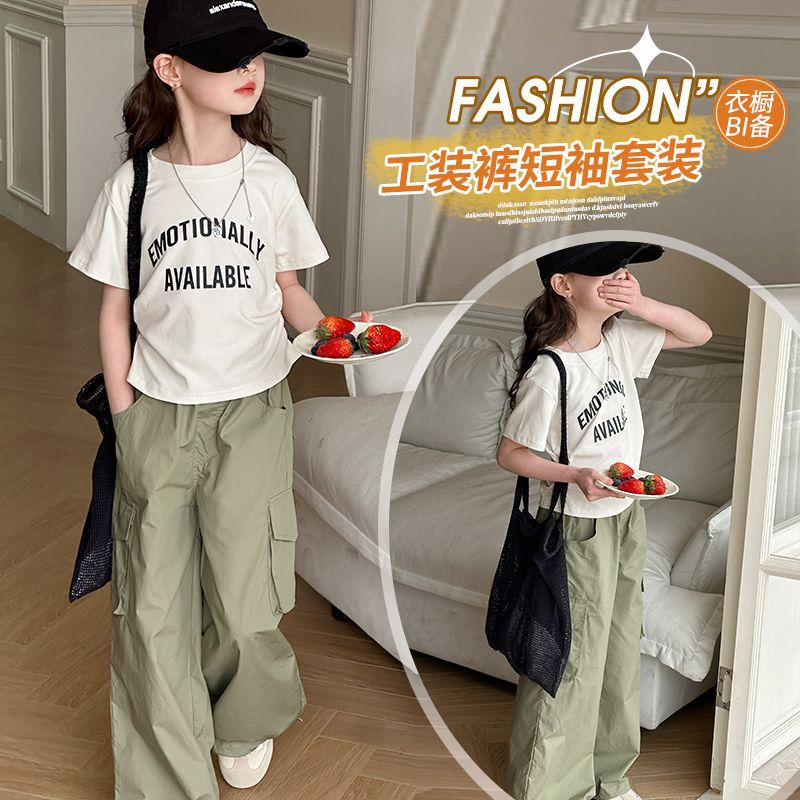 Girls Korean Style Western-Style Suit for Older Children 2024 Summer New Fashionable Letter Tops Overalls Two-Piece Set Trendy