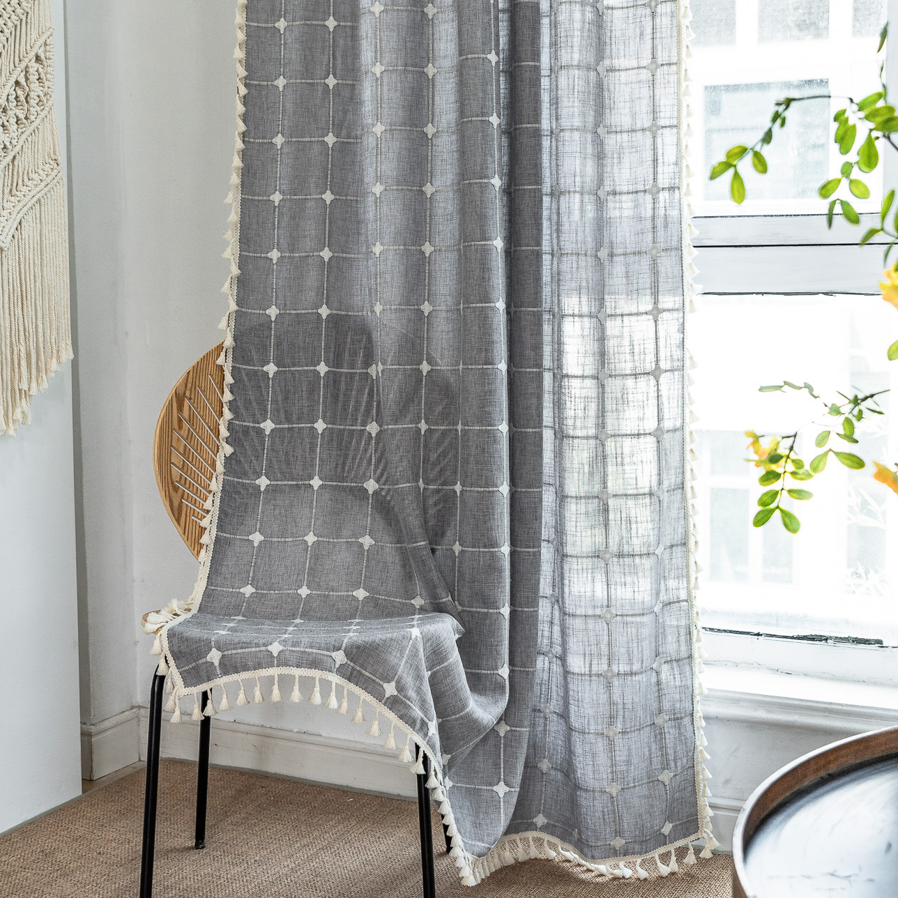 Picture of Sien cross-border popular curtain finished product punch-free Rod set American living room bedroom tassel balcony Plaid curtain