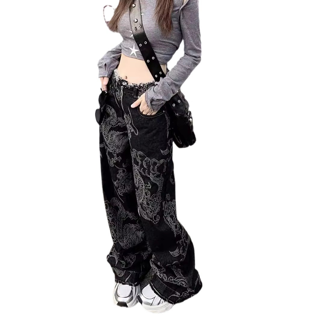 Picture of American National Trend Dragon Pattern Print Sense of Design Design Raw Edge Wide Leg Jeans for Women High Waist Loose Slimming Look Floor Mopping Pants