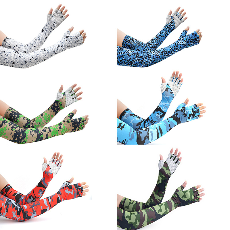 Sun protection five finger ice sleeve men and women lengthened outdoor riding anti-slip fishing cool feeling half finger Ice Silk sun protection gloves