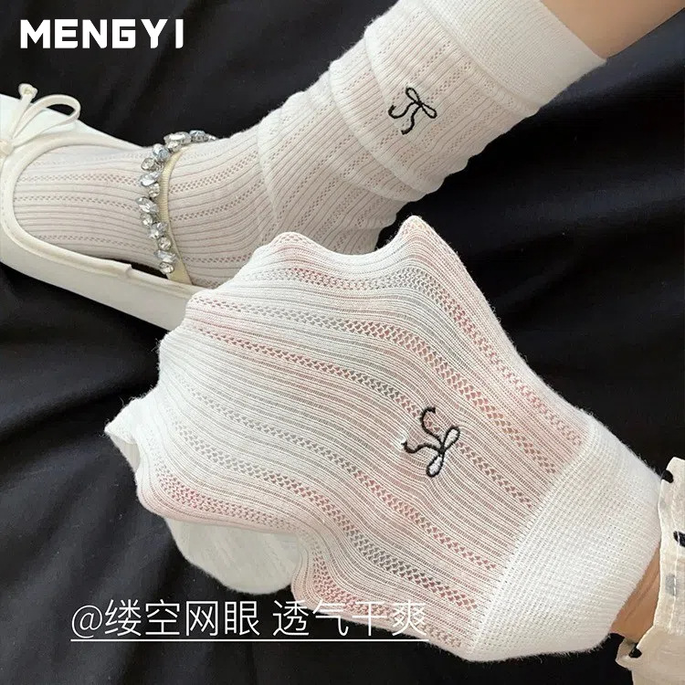Ballet Style Bowknot Socks Women's Summer Boneless Mid-length Socks Mesh Breathable Stockings Spring and Summer Thin Stacked Stockings