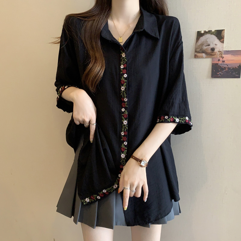 Real Shot plus size Women's Summer Clothes Loose Slimming Shirt Covering Slimming Short-sleeved Simple Elegant Embroidered Top Shirt