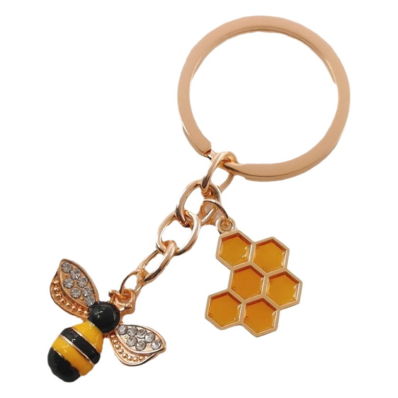 Cross Border 1Pc Lovable Woman Hexagonal Honeycomb Drop Oil Rhinestone Bee Keychain Couple Insect Key Ring