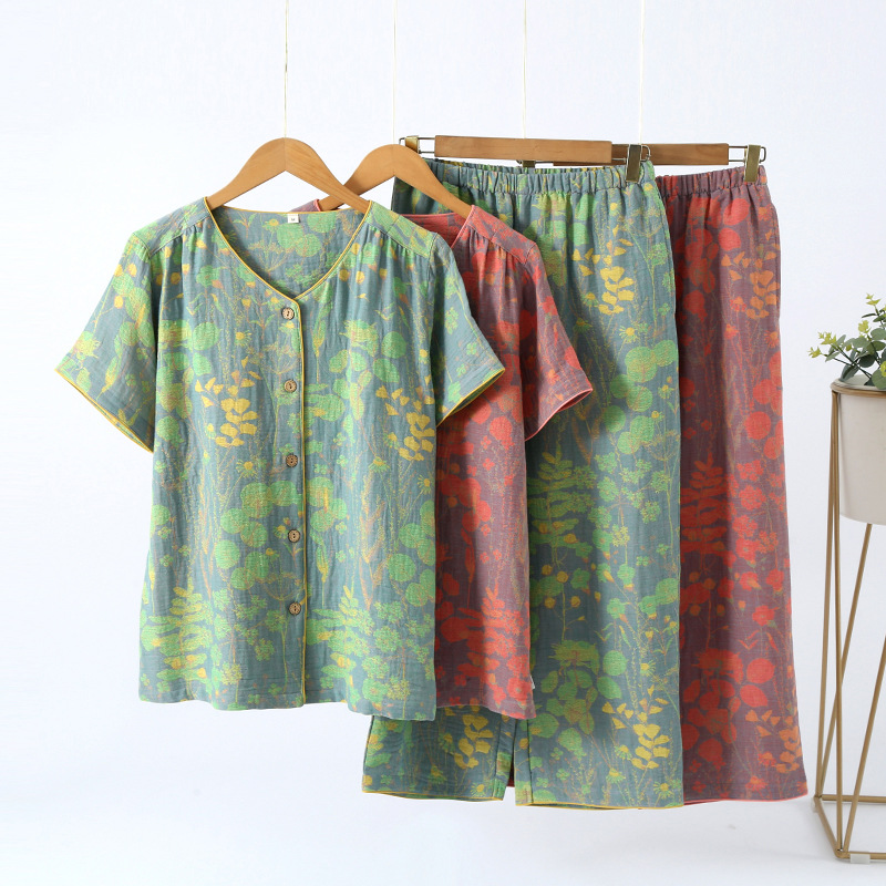 Spring and Summer thin pure cotton double-layer gauze women's pajamas V-neck short-sleeved cropped pants retro jacquard outerwear homewear