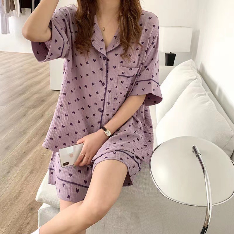 Live Broadcast Explosions Summer Bubble Cotton Pajamas Women's Cardigan Short Sleeve Shorts Girls Sweet Home Suit Outfit