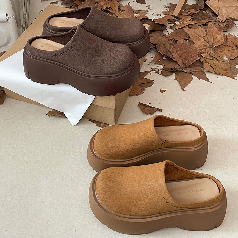 Internet Celebrity Retro Brown Thick-Soled Baotou Half Slippers for Women's Outer Wear 2025 New Autumn and Winter Heightening Non-Slip Birkenstock Shoes