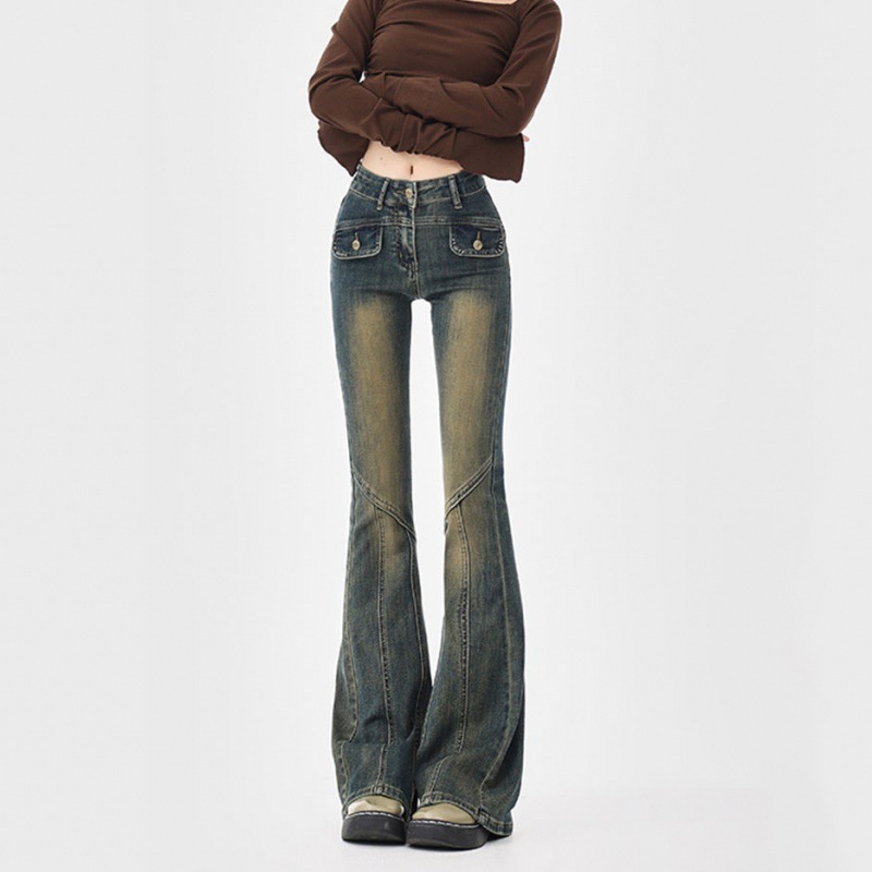 Vintage Stitching Micro-Lar Jeans Women's Spring New Design Sense High Waist Slim-Fit Slim Stretch Horn Pants