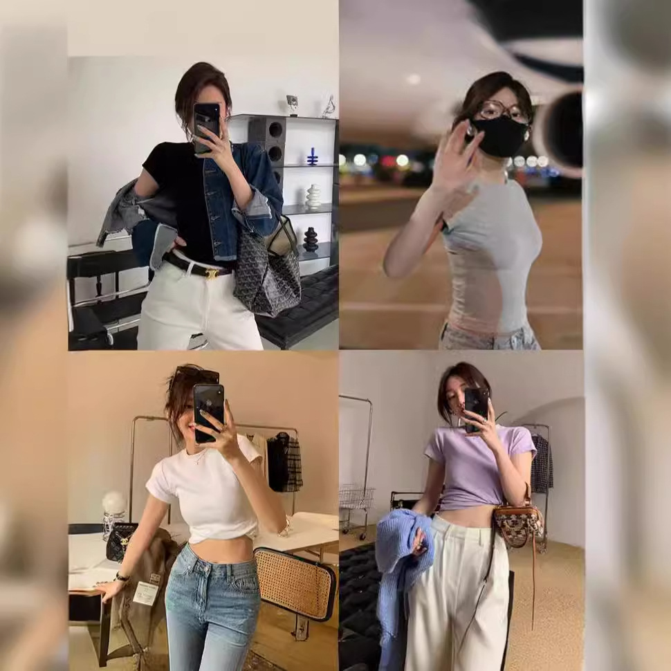 Cross-Border Bottoming Slim Short-Sleeved Shirt for Women Korean Style New Foreign Trade Slim Short Fashion Tops for Women Trendy Wholesale