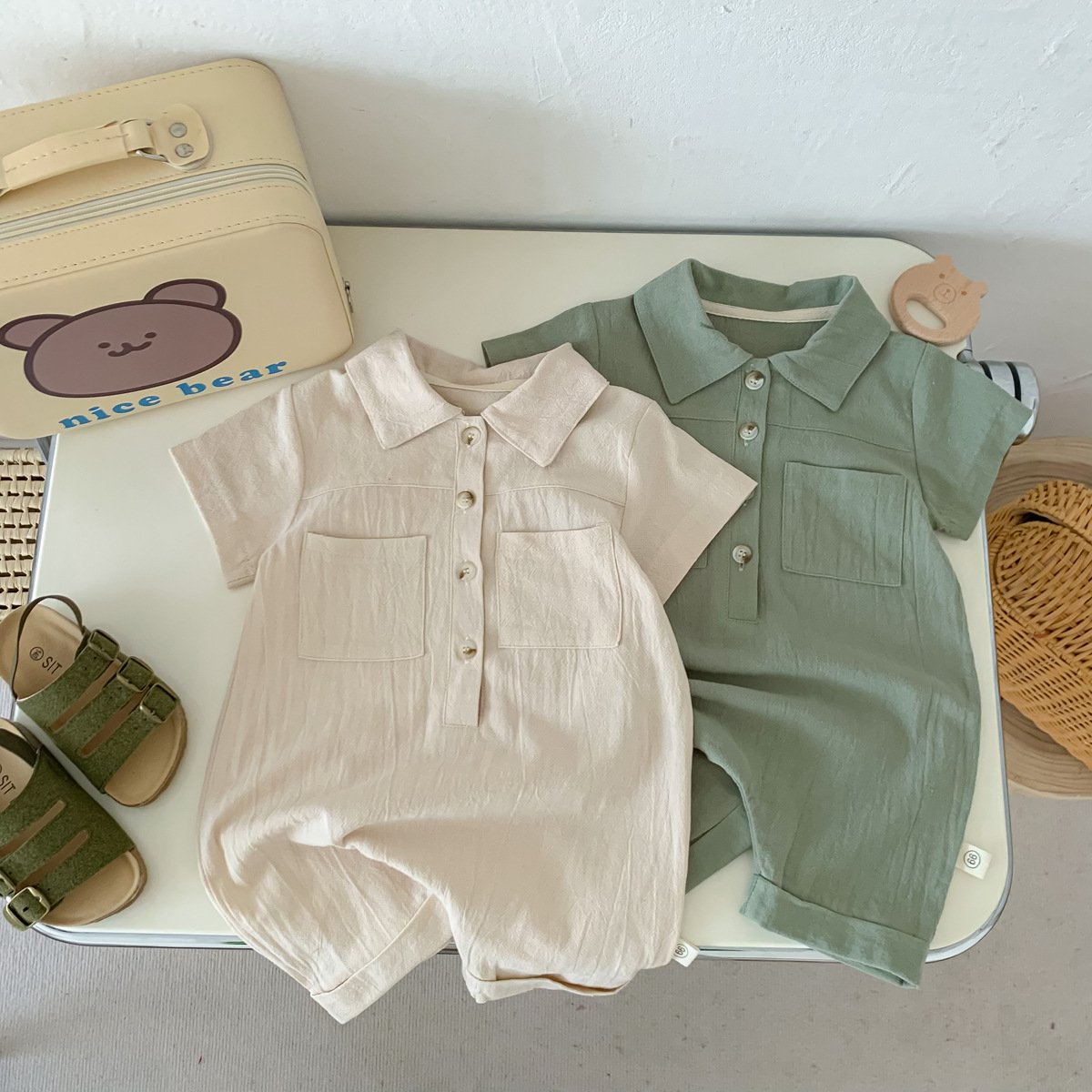 Picture of Summer Boys' Short-Sleeved Jumpsuit, Korean Style Baby Boy's Stylish Front-Buttoned Newborn Girl's Clothes, Crawling Clothes