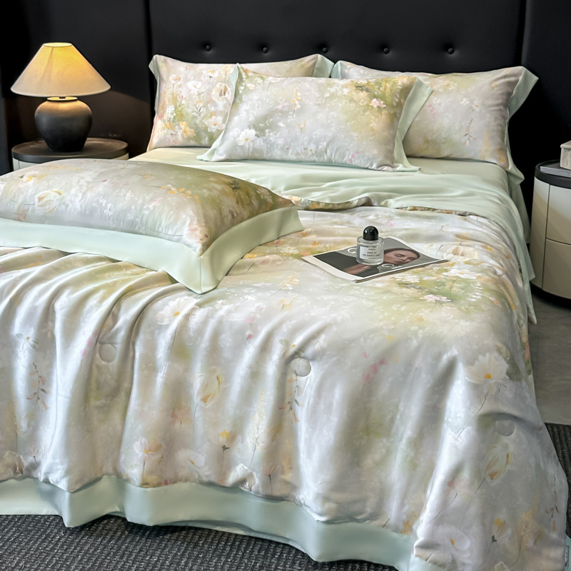 Picture of Super Cool Lenzing Tencel Summer Cool Quilt Four-Piece Set A-Type Pink Floral Ice Silk Air-Conditioned Quilt Thin Quilt Machine Washable 4