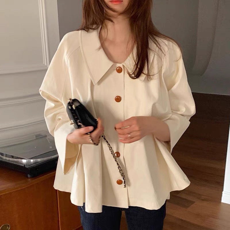 South Korea chic Spring and Autumn French simple lapel oversize loose casual solid color all-match long sleeve shirt top