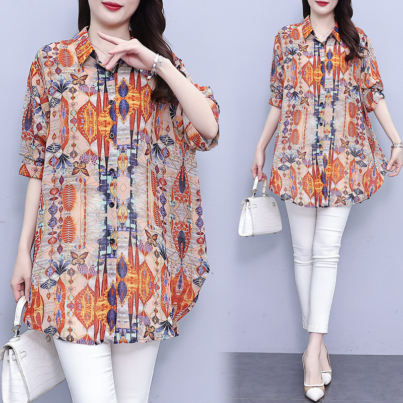 Real Shot 2025 New Color Loose Mid-length Shirt Women's Summer Thin Vintage Printed Cardigan for Women