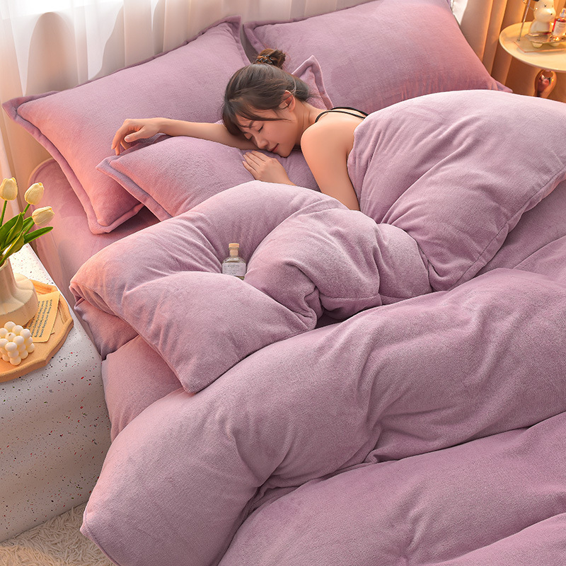 Picture of Category a Maternal and Infant Grade Milk Velvet Four-Piece Set, Warm and Thickeneded Coral Velvet Fleece-Lined Bed Sheets, Fitted Bed Sheets, Quilt Cover, Three-Piece Set
