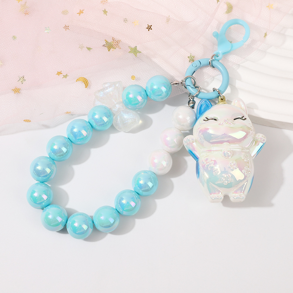 Picture of Girl heart lucky cat beads keychain two-color pearl beaded mobile phone chain bag keychain pendant