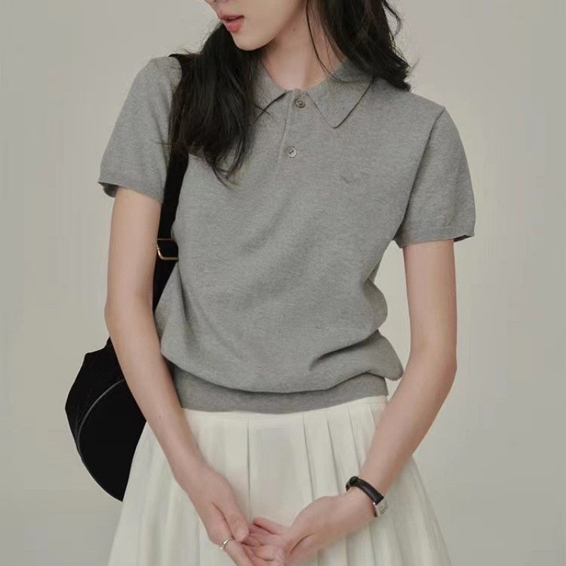 French Style Simple Retro Casual Lapel T-shirt Women's 2023 Summer New Short-sleeved Knitted All-match Top