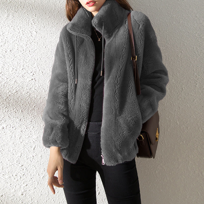 Picture of Women's Winter Outwear Fleece-Lined Thickeneded Double-Sided Coral Velvet Stand-Up Collar Warm Sweatshirt Elegant Cardigan Zipper Fleece Top