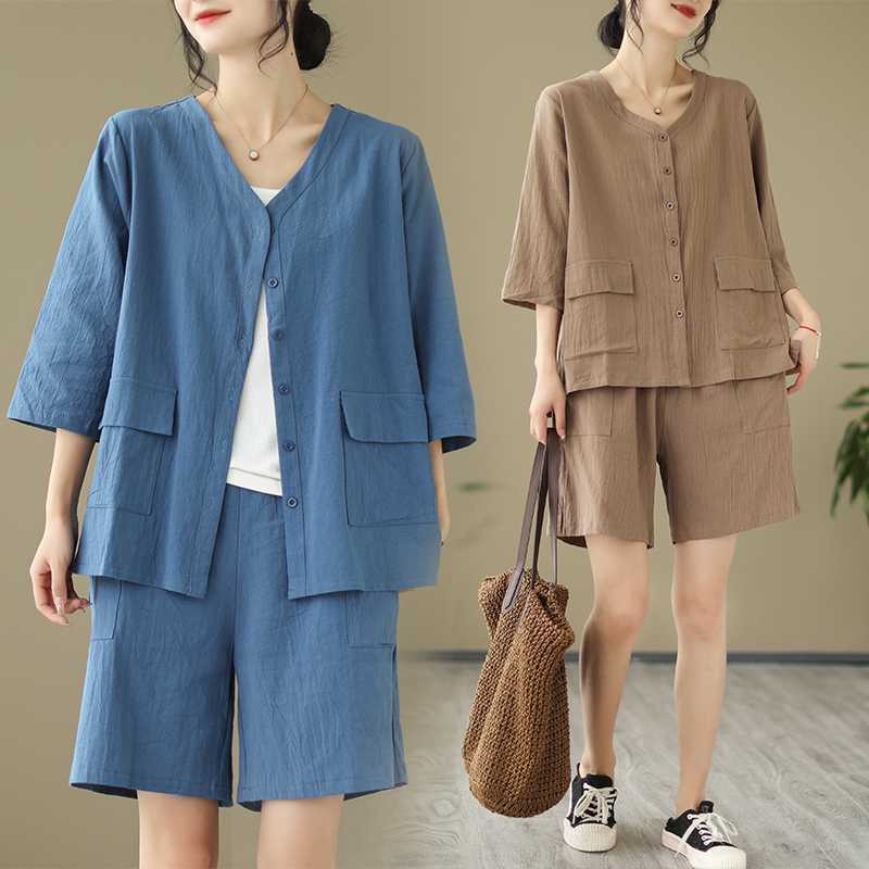 Real shot foreign trade original counter boutique linen leisure sports suit collar short sleeve shirt shorts two-piece set
