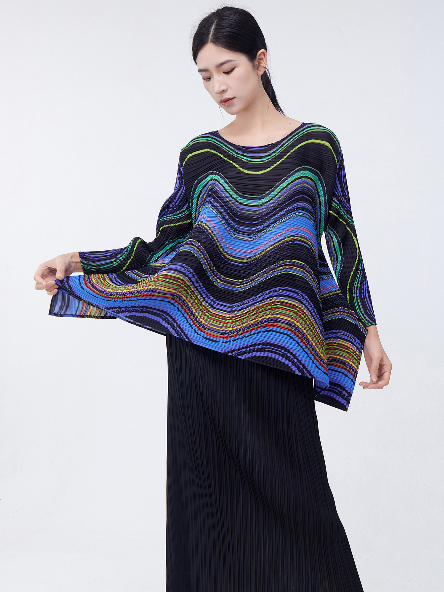 Miyake Top T-Shirt Women's High-grade Crewneck Striped Loose plus size Irregular Elegant Commuter All-match Clothes