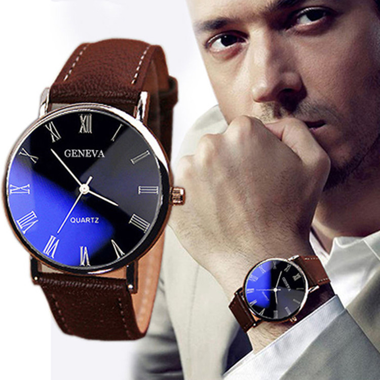 Geneva Business Men's Popular Belt Watch Fashionable Blue Light Alloy Shell up Roman Lettering Men's Quartz Watch