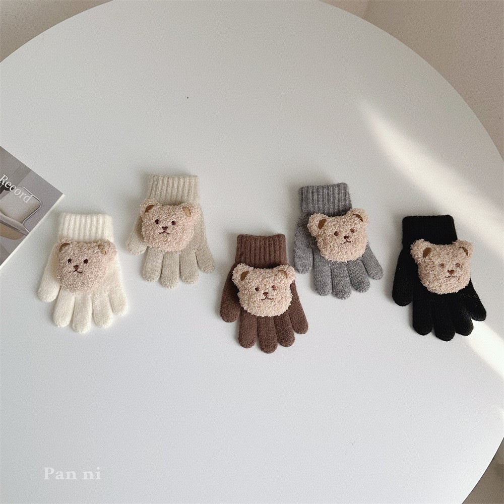 Cartoon Bear Children's Wool Gloves Autumn and Winter Warm Five-Finger Thickened fleece-lined Cute Knitted Gloves for Boys and Girls