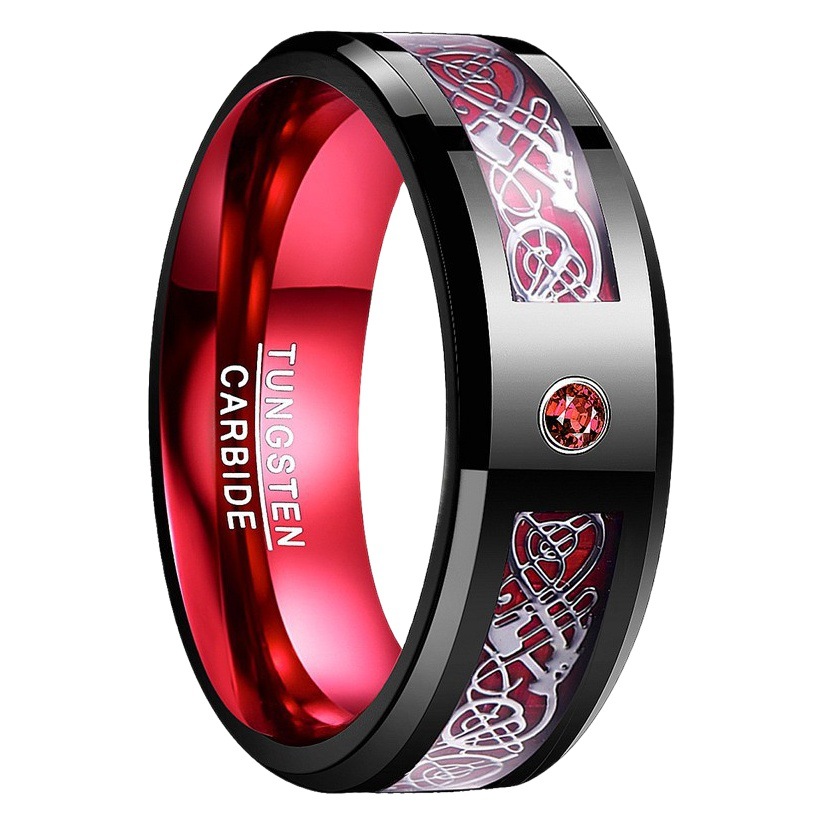 in stock a generation of 8MM black and red tungsten steel ring with silver dragon red carbon fiber tungsten steel men's ring