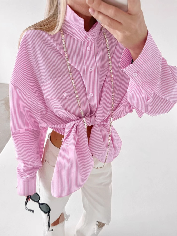European and American Fashion Versatile Pink Striped Shirt Women's Spring and Summer Design Sense Casual Loose Cotton Shirt Top Women's Clothing